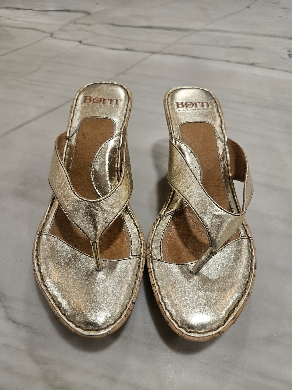 Vintage Børn women's metallic gold leather thong wedge sandals